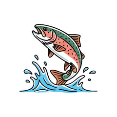 (Leaping Trout Splashing from Water. Dynamic artwork of a vibrant freshwater creature bursting from blue liquid. This bold image symbolizes vitality, challenge, and outdoor recreation.)