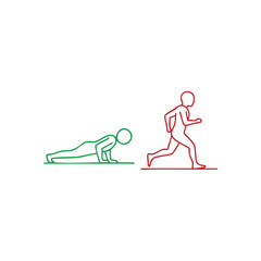 (Fitness Icons Pushup and Running. Bold graphic showcasing diverse physical activities. A green outlined figure performs a press up, a red outlined person is jogging. Represents varied athletic.)