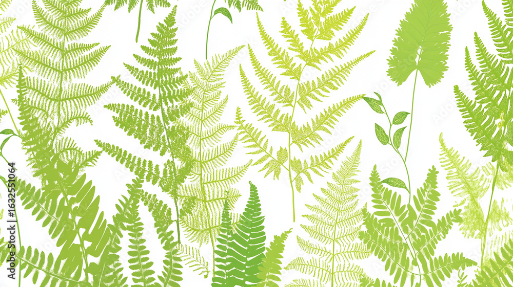Poster ferns and other leafy greens decorate a white background with green tones, creating a botanical patt