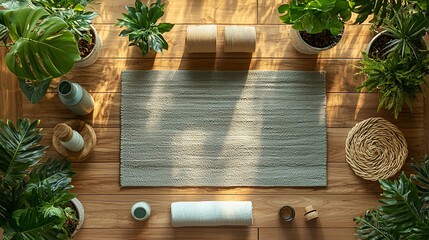 Yoga mat surrounded by plants and accessories