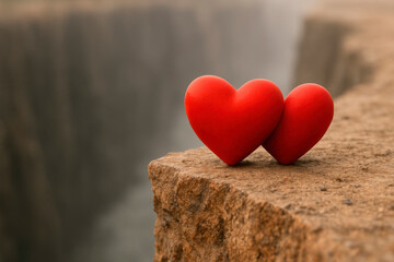 Fototapeta premium Two love hearts on the edge of a cliff. Space for text.