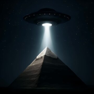 Alien UFO Hovering Above the Great Pyramid of Giza at Night with Bright Light Beam