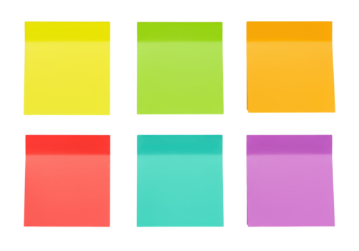Six colorful set sticky notes arranged in two row isolated on transparent background