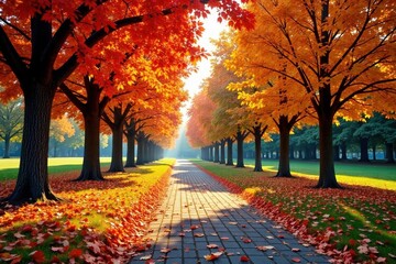 Vibrant autumn leaves, park pathways, scenic panorama, bright, botanical, vibrant