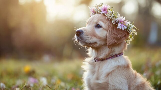 Side view of a golden retriever puppy, sitting quietly, wearing a flower crown, no animal testing concept generative ai