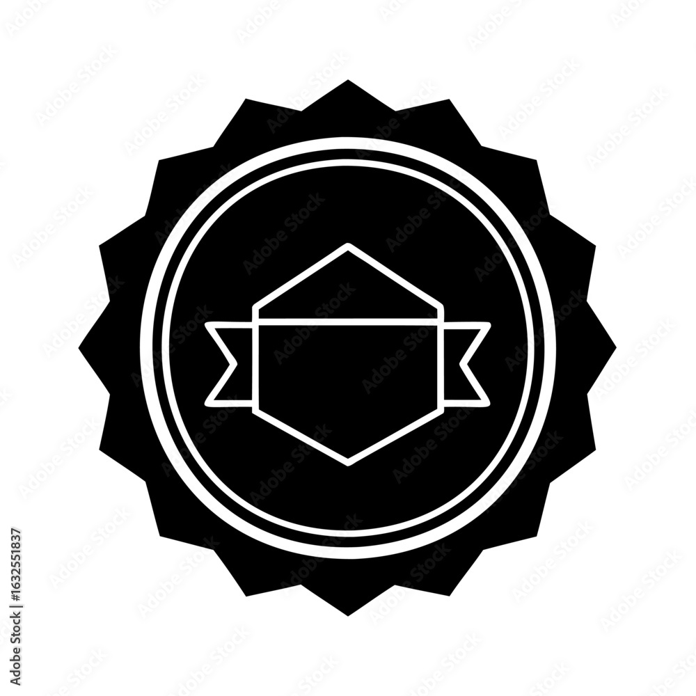 Poster stylized emblem with central hexagon and banner abstract geometric emblem with circular border and j