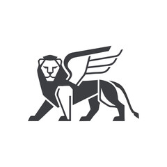 (Regal Winged Lion Artwork. This striking geometric feline signifies power, valor, and spiritual enlightenment. A modern graphic design embodying Venetian identity.)