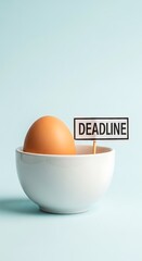 Brown egg in a white bowl with a deadline sign.