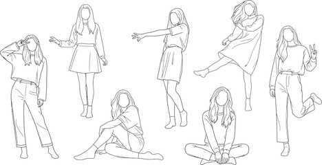 Obraz premium Vector art of collection of line art illustrations featuring a young woman in various poses and outfits for design and fashion projects