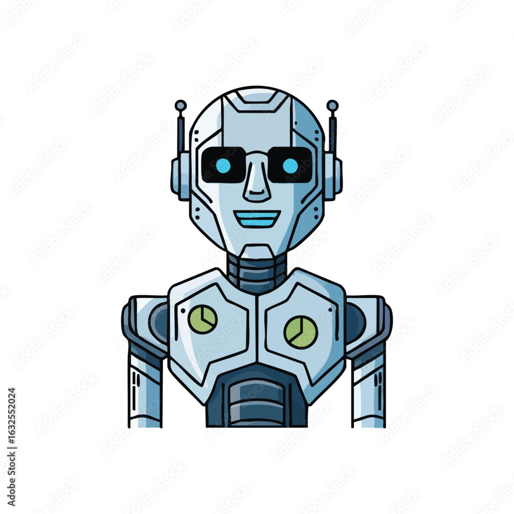 Aufkleber (friendly smiling robot avatar. an approachable ai automaton, symbolizing cutting-edge innovation an