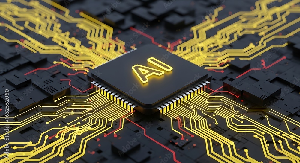 Aufkleber artificial intelligence processor surrounded by digital circuitry on black background