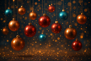 Christmas baubles hanging with golden bokeh lights, festive holiday decoration, celebration and winter season background