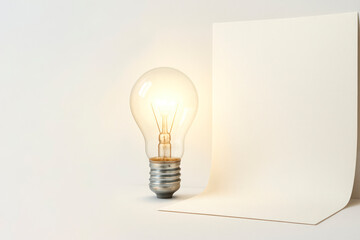 A light bulb turned on and a white sheet of paper. Space for text.