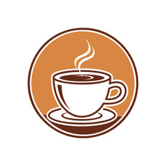 (Warm Coffee Mug Emblem. Stylized graphic of a hot drink on a saucer within a round border. Conveys coziness, energy, and a pleasant start to any day.)