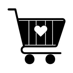 Black Shopping Cart Icon with White Heart Symbol for Online Retail and E-commerce