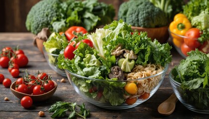 Vibrant meal scene on rustic wooden table. Large glass bowl holds fresh green salad with colorful vegetables. Wooden spoon rests on table beside bowl. Plate holds red tomatoes. Broccoli bunch