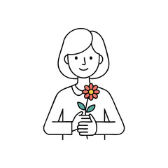(Happy Woman Holding Flower. A cheerful female figure gently embraces a vibrant bloom. This illustration symbolizes growth, natural beauty, and nurturing care.)