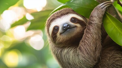 Sloth hanging peacefully, with leaves around its neck. generative ai
