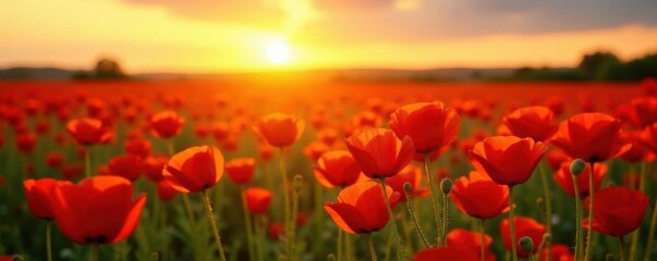 Fototapeta premium Vibrant red poppies ablaze in a golden sunset field , detail, warm