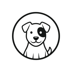 (Friendly Dog Character Logo. Minimalist monochrome puppy graphic for pet-related branding. Embodies loyalty, companionship, and a warm, inviting spirit.)