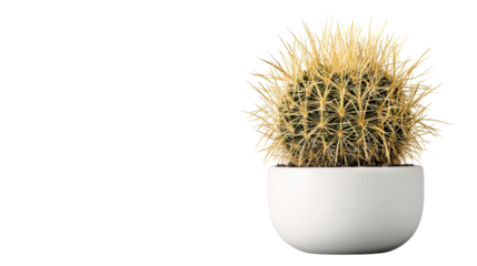 Echinocactus with dense golden spines in a modern pot, background isolated on a Transparent background, PNG file.