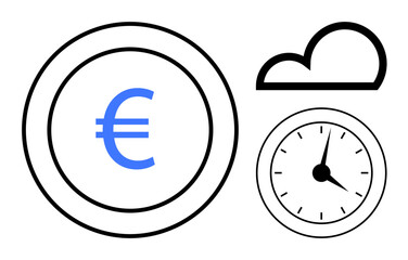Euro currency mark within a circle beside a clock and cloud figure. Ideal for finance, cloud computing, time management, global economy, savings, productivity, digital transformation. Simple flat