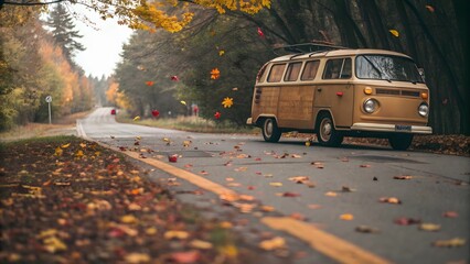 Obraz premium Vintage van with falling leaves trail