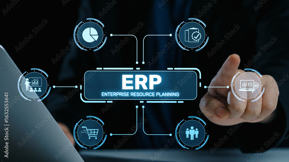 Poster erp platform visual showing centralized system for enterprise resource planning, improving integrati