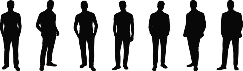 Silhouettes of people, casual and formal attire, standing poses, posture study, fashion reference, black figures, design, behavior, clothing contrast