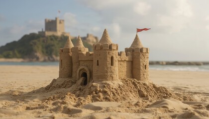 Vibrant sandcastle built on sandy beach with towers, moat and flag. Castle near rocky outcropping, ocean in background. Clear blue sky with scattered clouds.
