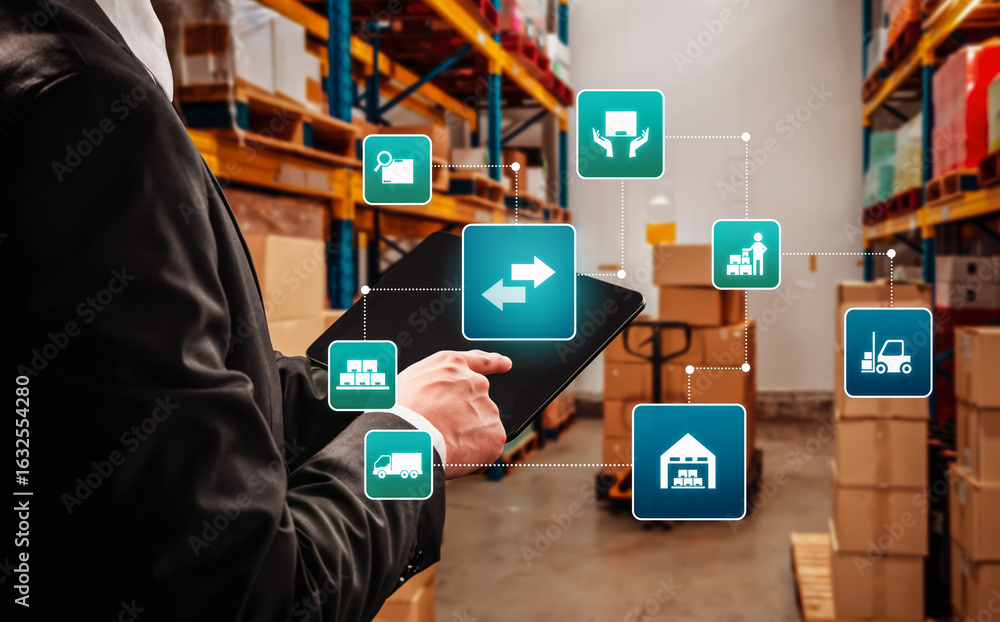 Poster smart warehouse management system with innovative internet of things technology to identify package 