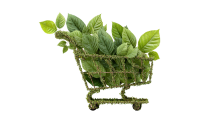 Eco-friendly 3D cart made of green material with leaves, sustainable shopping concept, background isolated on a Transparent background, PNG file.