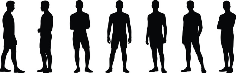 Silhouettes of people, side and front views, posture variation, gesture study, black figures, standing poses, design reference, visual asset