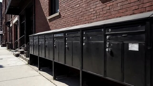 Row of mailboxes alongside a sidewalk in front of a brick building