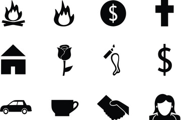 Diverse collection of black and white simple icons set of silhouettes
