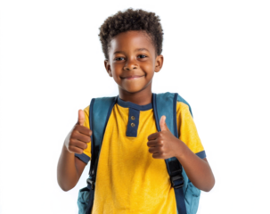 Happy schoolboy shows thumbs up gesture. Young African American kid with backpack smiles, expresses approval, success. Back to school concept, education. PNG cutout on transparent background