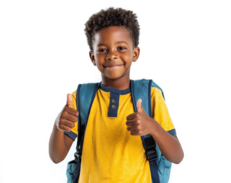 Happy schoolboy shows thumbs up gesture. Young African American kid with backpack smiles, expresses approval, success. Back to school concept, education. PNG cutout on transparent background