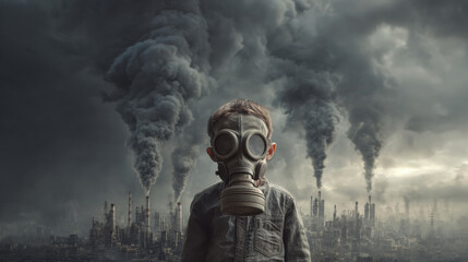 Boy in gas mask standing in front of smoke-filled industrial cityscape