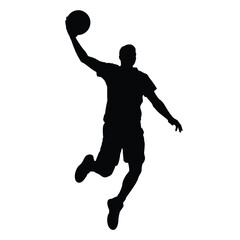 Silhouette of a basketball player in mid air dunking