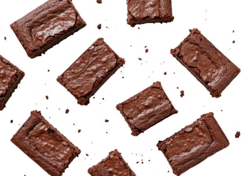 Deliciously rich chocolate brownie squares scattered across a dark surface isolated on transparent background