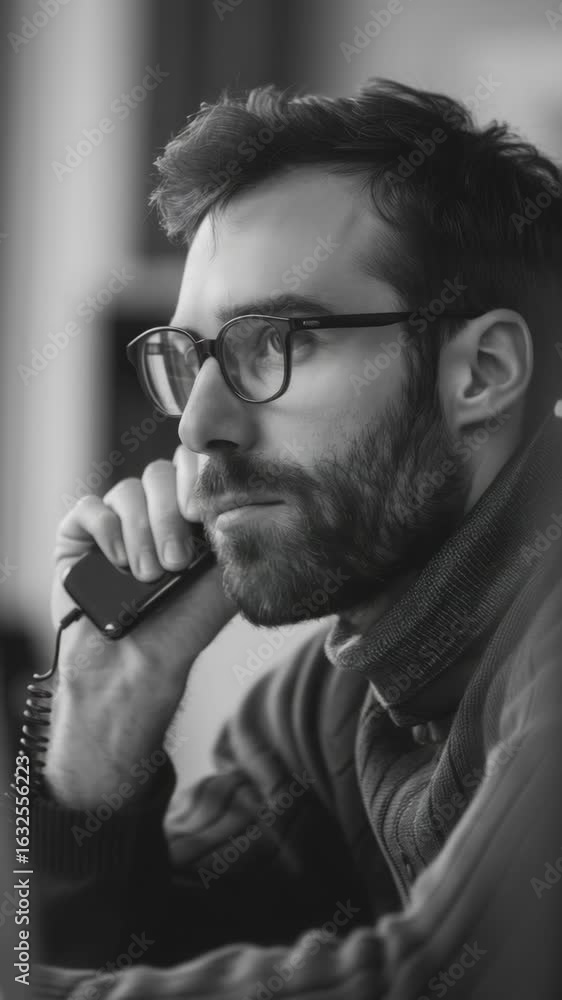 Poster man with beard using phone for business. he appears thoughtful, possibly discussing important matter