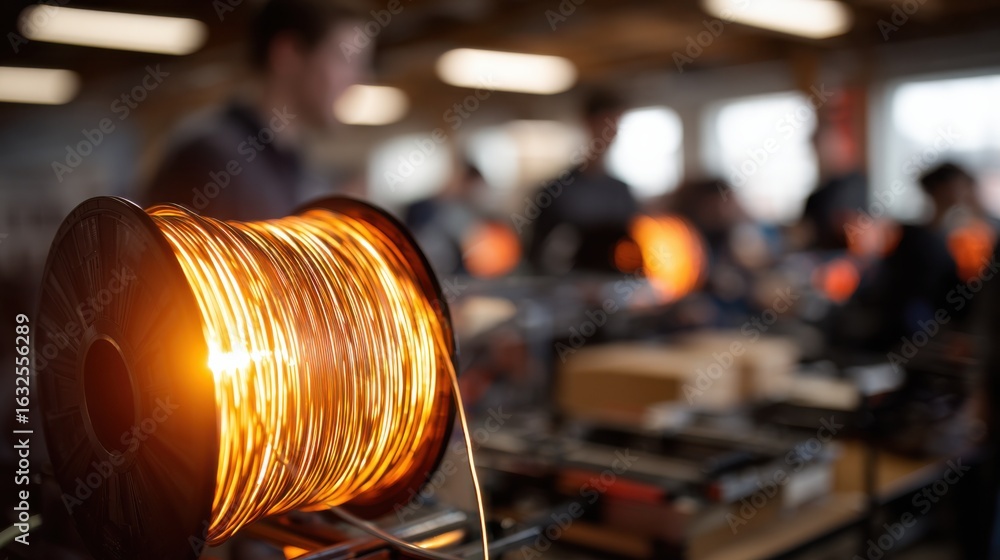 Poster medium shot capturing the glowing filament spool formed from ocean waste in sharp detail while stude