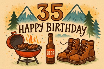 Colorful vintage-style birthday card with text "35 years old, happy birthday" describing celebration. Concept of happy birthday greeting card to 35 man, festive and cheerful design.