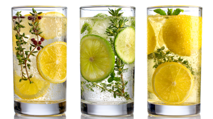 Three infused lemon water detox drinks in a row isolated on a white background