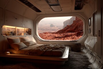 Futuristic Mars Bedroom with Martian Rock View