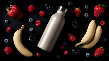 Healthy fruit smoothie ingredients with bottle on black background layout