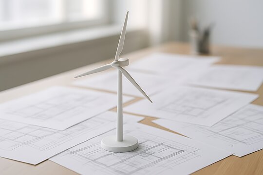 Sustainable Innovation: White Wind Turbine Model Showcasing Clean Energy Solutions and Architectural Plans for Eco-Friendly Buildings and Green Technology Investments - Powered by Adobe