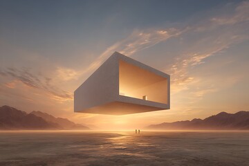 Floating Cube House in Surreal Desert Landscape
