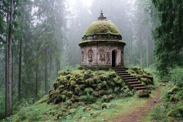 Moss-covered gazebo in misty forest