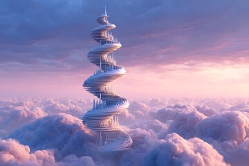 Surreal Floating Spiral Tower Above the Clouds